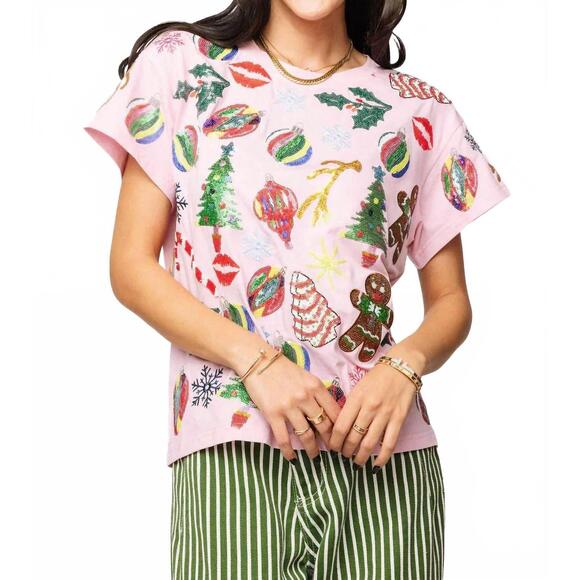 QUEEN OF SPARKLES Tops - NEW QUEEN OF SPARKLES women's christmas icons top in light pink